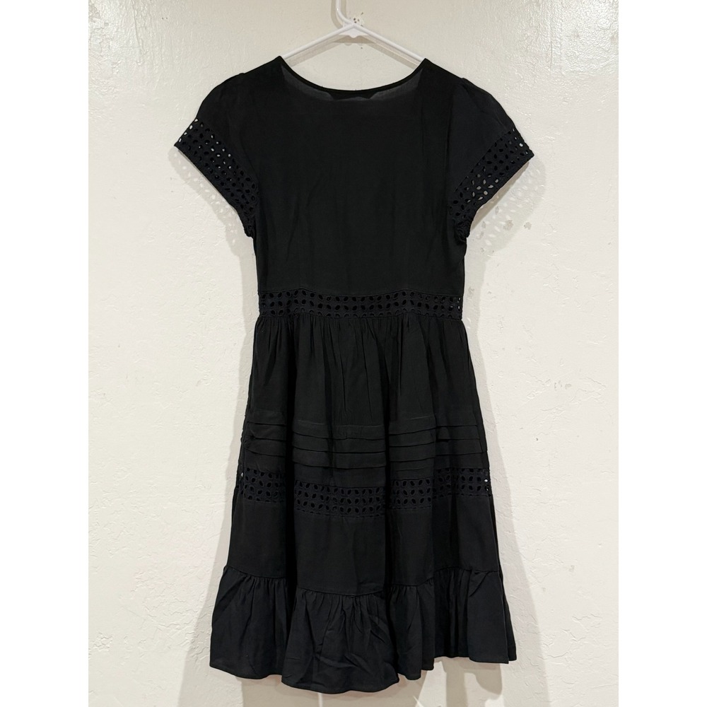 Zara Basic Black Eyelet Lace V-Neck Mini Dress Ruffle Tiered Short Sleeve XS - Picture 3 of 5